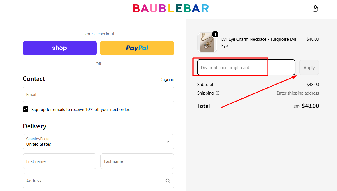 How to activate a BaubleBar promo code