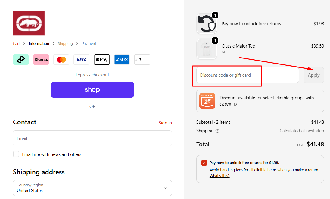 How to apply an Ecko Unltd promo code