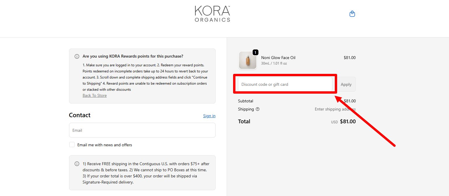 “How to apply a KORA Organics promo code”