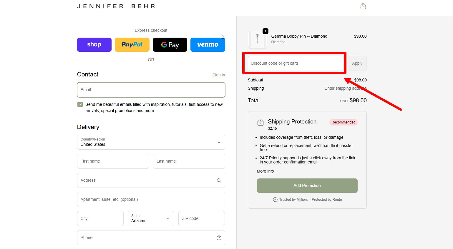 “How to apply a Jennifer Behr promo code”