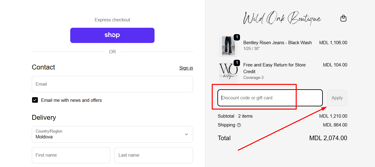 How to activate a Wild Oak Boutique promo code