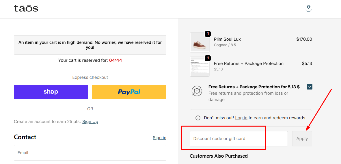 How to apply a Taos Footwear promo code