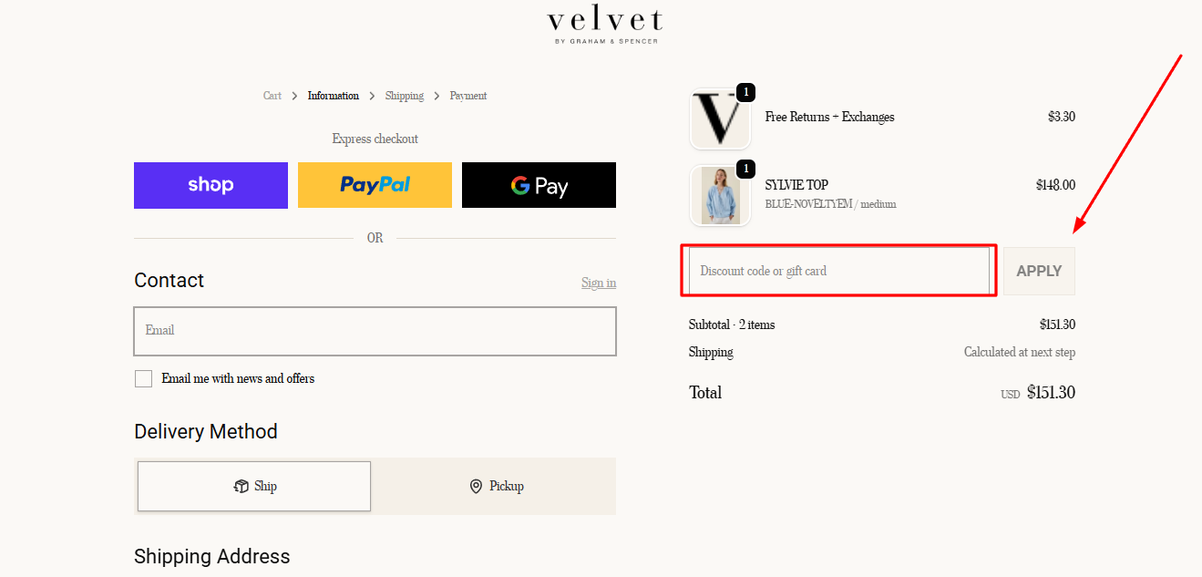 How to activate a Velvet by Graham & Spencer promo code
