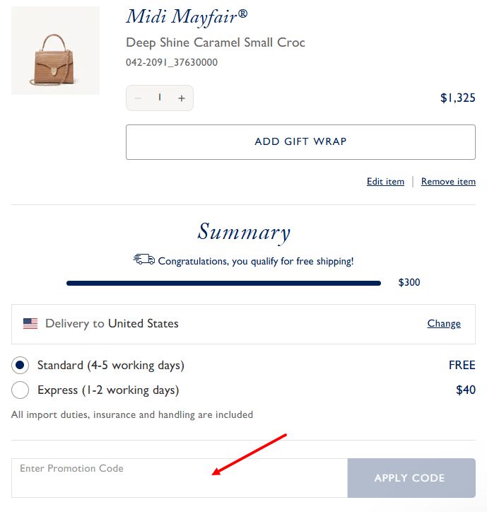 “How to apply a Aspinal of London promo code”